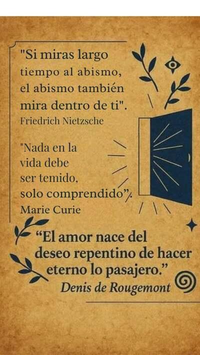 Un pergamino de tono ocre decorado con motivos vegetales y simbólicos que contiene tres citas célebres. Las frases pertenecen a Friedrich Nietzsche ("Si miras largo tiempo al abismo, el abismo también mira dentro de ti"), Marie Curie ("Nada en la vida debe ser temido, solo comprendido") y Denis de Rougemont ("El amor nace del deseo repentino de hacer eterno lo pasajero"). A la derecha, destaca la ilustración de una puerta abierta de la que emana luz.