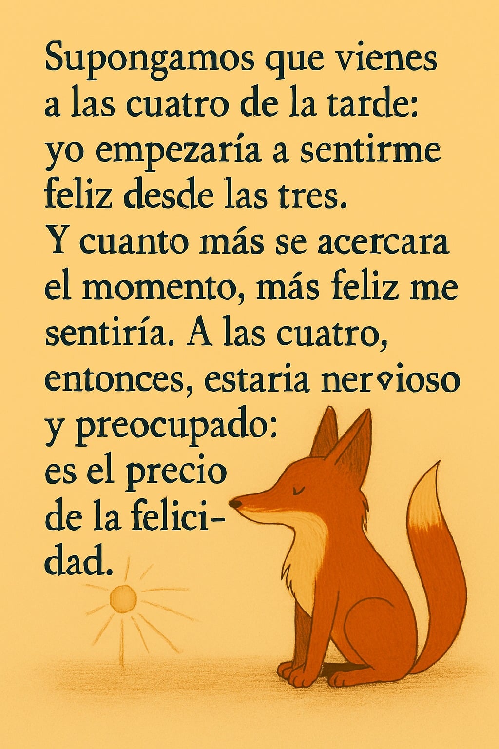 Ilustración del zorro del Principito sentado de perfil sobre un terreno dorado, mirando un sol estilizado que emana rayos. Arriba, el texto en italiano reza: "Supongamos que vengas a las cuatro de la tarde: yo empezaría a ser feliz desde las tres. Cuanto más se acercara la hora, más feliz me sentiría. A las cuatro, se me vería agitada e inquieta; ¡descubriría el precio de la felicidad!".