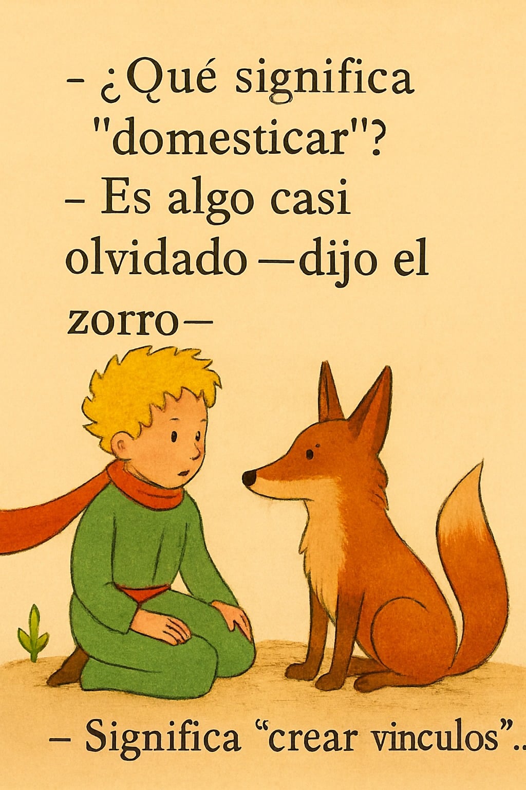 Ilustración de estilo infantil sobre un fondo color crema. El Principito, con su cabello rubio y traje verde, está sentado en el suelo y mira intensamente a un zorro naranja y blanco sentado frente a él. Encima de ellos, el texto reza: "Solo se conoce lo que se domestica – dijo el zorro".