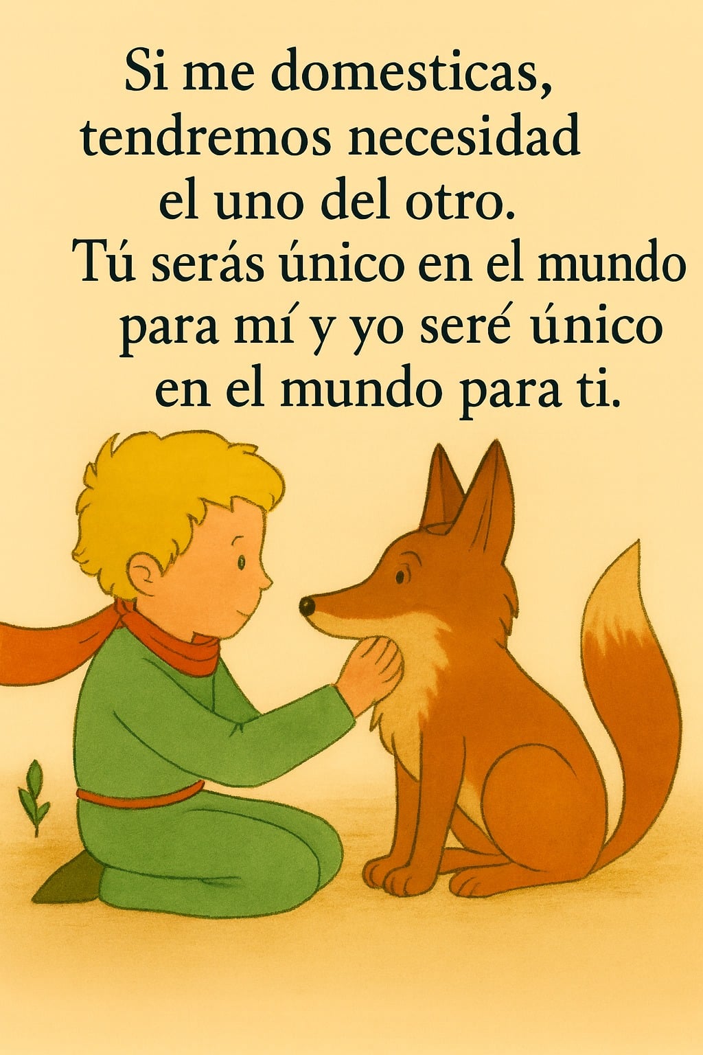 Ilustración del Principito arrodillado frente al zorro sobre un fondo crema suave. El niño, de cabello rubio y traje verde, acaricia suavemente el cuello del zorro naranja mientras ambos se miran con ternura. En la parte superior, un texto en español cita: "Si me domesticas, tendremos necesidad el uno del otro. Tú serás único en el mundo para mí y yo seré único en el mundo para ti".