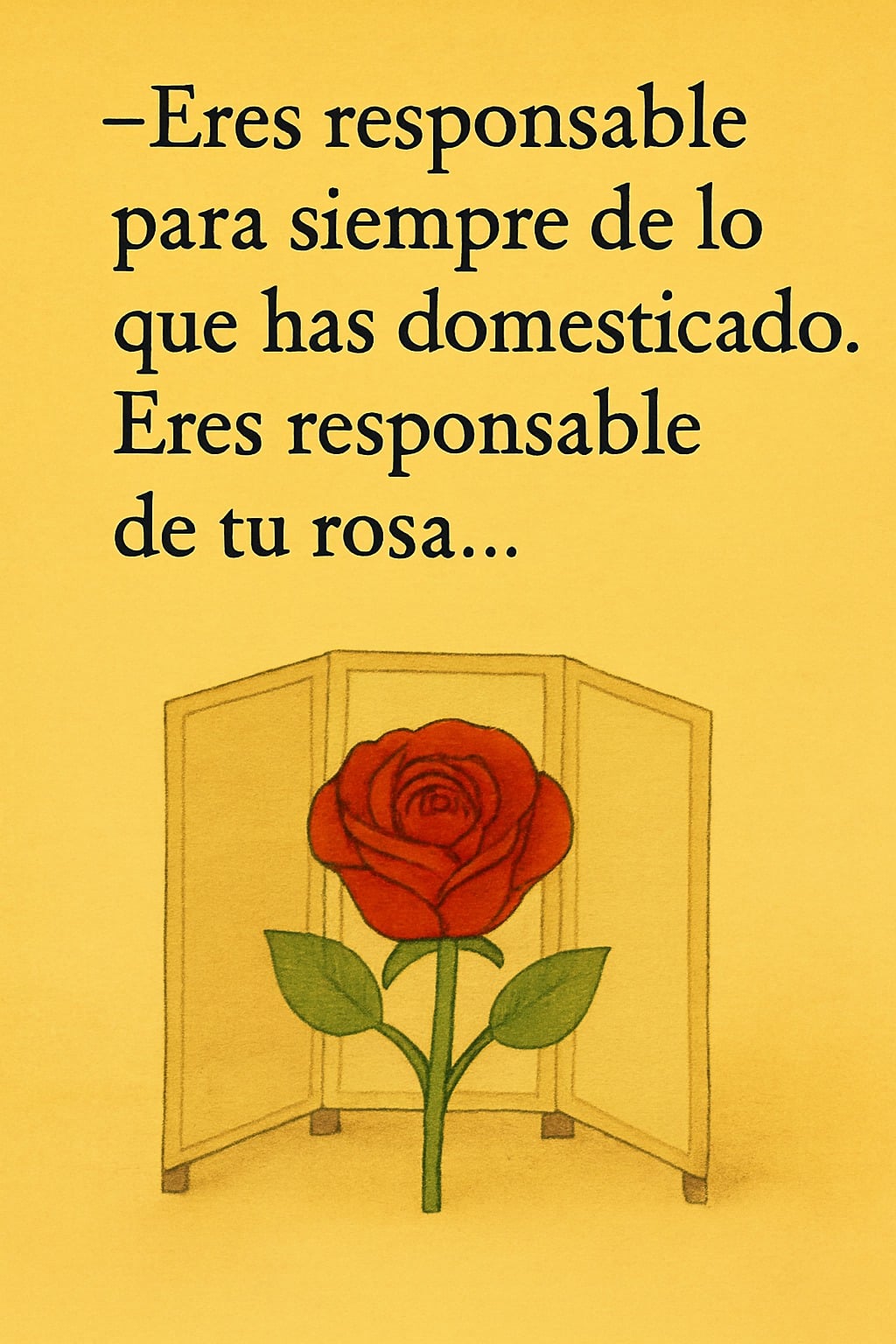 Una ilustración delicada sobre un fondo amarillo pastel que retrata la rosa del Principito. La rosa es de un rojo vibrante, con un tallo verde y dos hojas, protegida por un biombo de tres paneles que la resguarda del viento. En la parte superior de la imagen, un texto en negro reproduce la célebre frase: "Eres responsable para siempre de aquello que has domesticado. Eres responsable de tu rosa...".