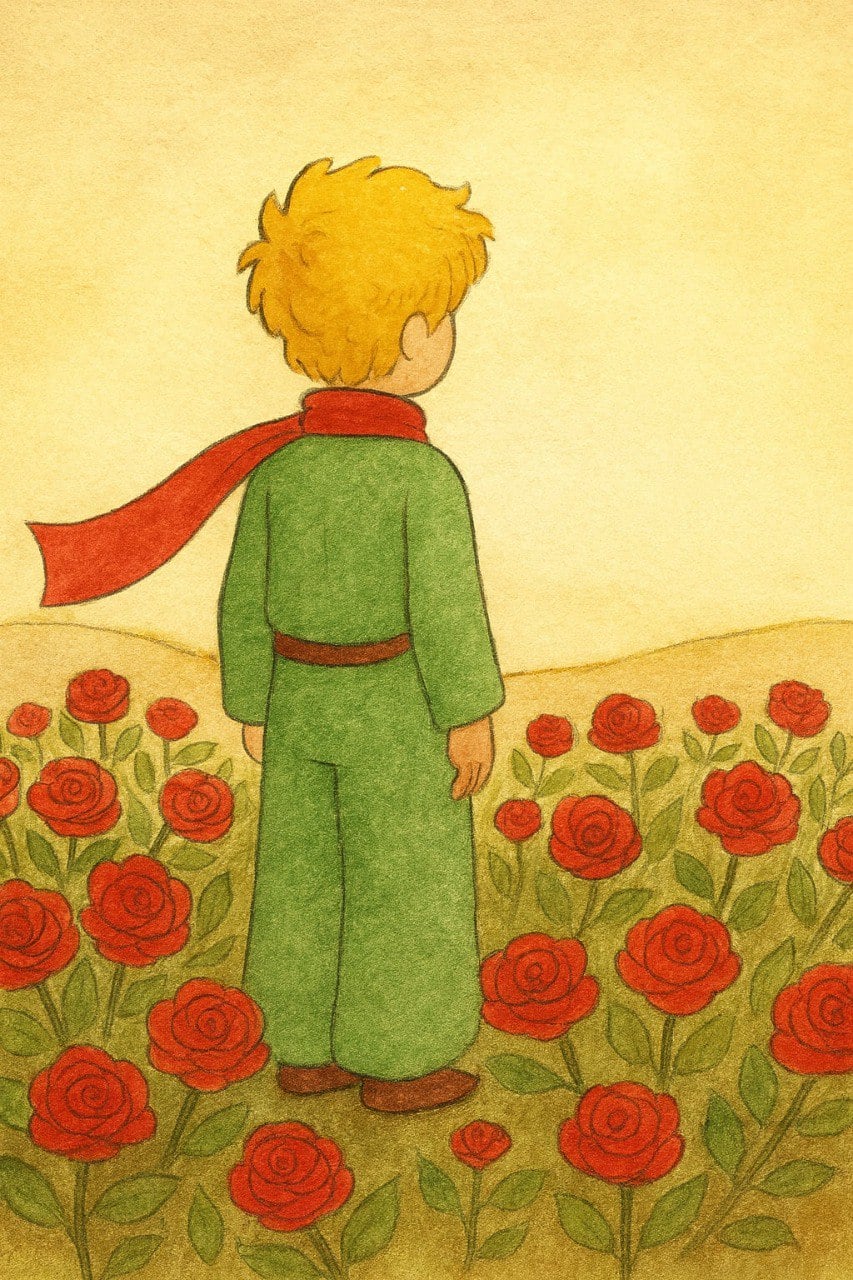 Ilustración del Principito visto de espaldas, contemplando un vasto jardín de rosas rojas. El niño lleva su túnica verde y su bufanda roja característica ondeando hacia la izquierda. Las rosas son idénticas a la suya, pero él permanece erguido y pensativo frente a ellas sobre un fondo de tonos amarillos suaves.