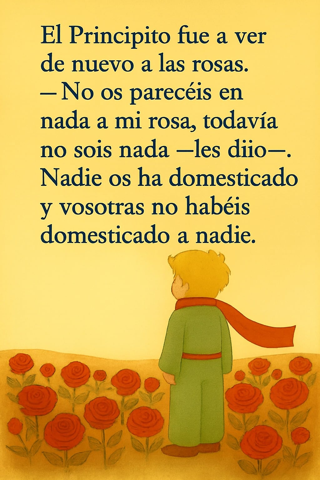 Ilustración del Principito visto de espaldas mientras observa un jardín lleno de rosas rojas. Viste su clásico traje verde y una bufanda roja que vuela ligeramente. En la parte superior, el texto en italiano dice: "El principito fue a ver las rosas de nuevo. —No os parecéis en nada a mi rosa, no sois nada todavía —les dijo—. Nadie os ha domesticado y vosotras no habéis domesticado a nadie".