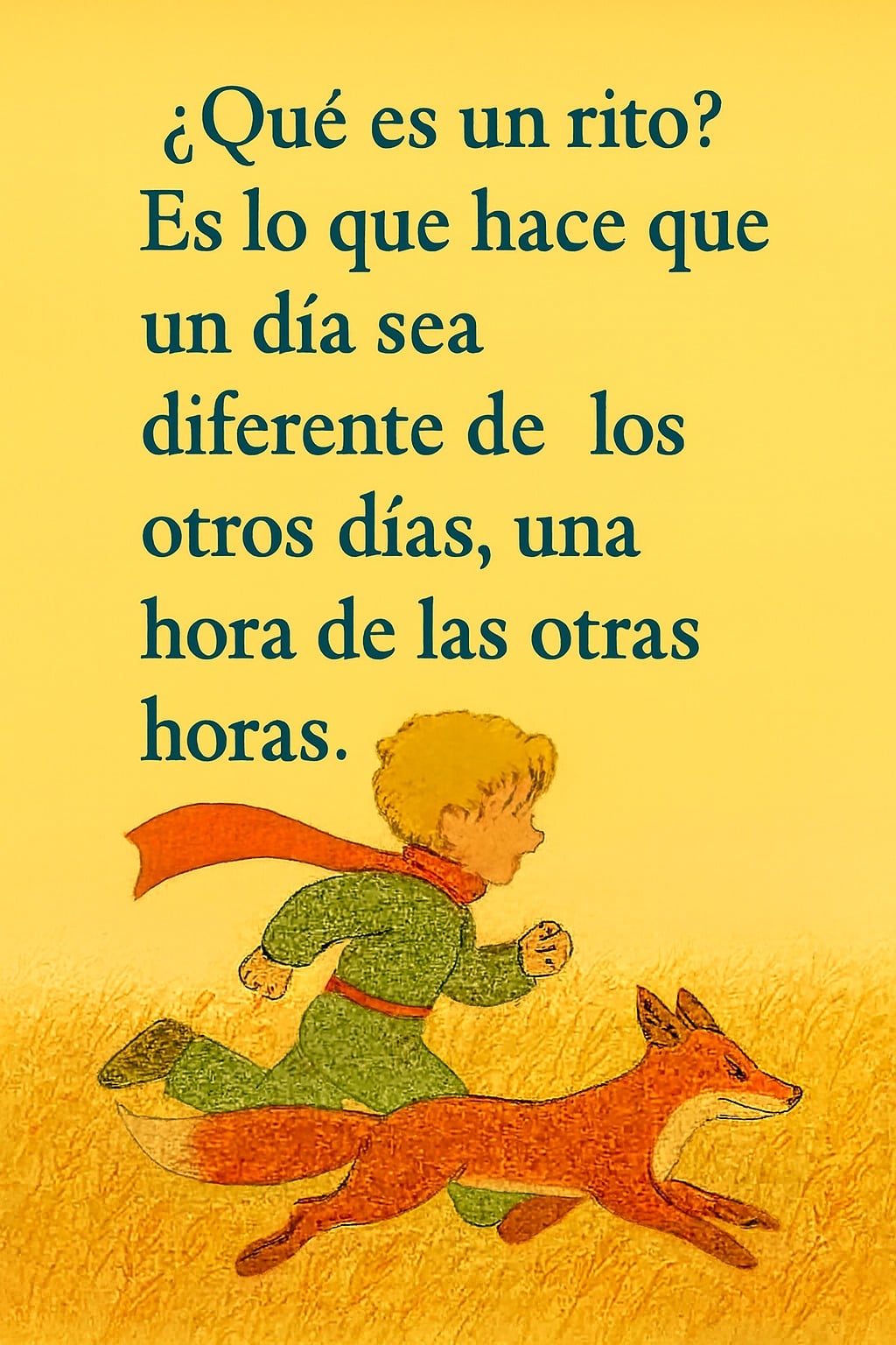 Una ilustración dinámica sobre un fondo amarillo dorado que muestra al Principito y al zorro corriendo felizmente juntos a través de un campo de trigo. El niño tiene su bufanda roja ondeando y el zorro corre a su lado. En la parte superior, el texto reza: "– ¿Qué es un rito? – Es lo que hace que un día sea diferente de los otros días, una hora de las otras horas."