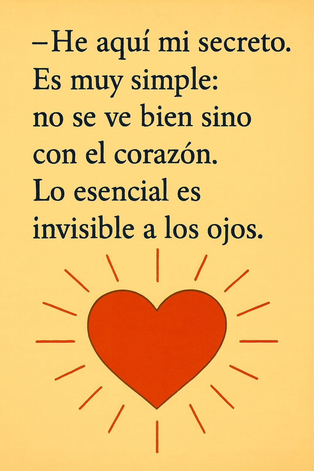 Una ilustración simbólica sobre un fondo amarillo tenue que muestra un corazón rojo vibrante en el centro. El corazón está rodeado de finas líneas rojas que se irradian hacia afuera, como si estuviera brillando o pulsando. Sobre el corazón, el texto en negro reproduce el secreto del zorro: "– He aquí mi secreto. Es muy simple: solo se ve bien con el corazón. Lo esencial es invisible a los ojos."